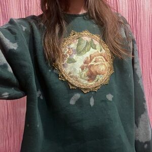 Upcycled Crewneck Sweatshirt Vintage Floral Patch